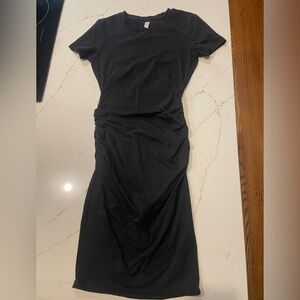 Chic Black Ruche Midi T-Shirt Dress